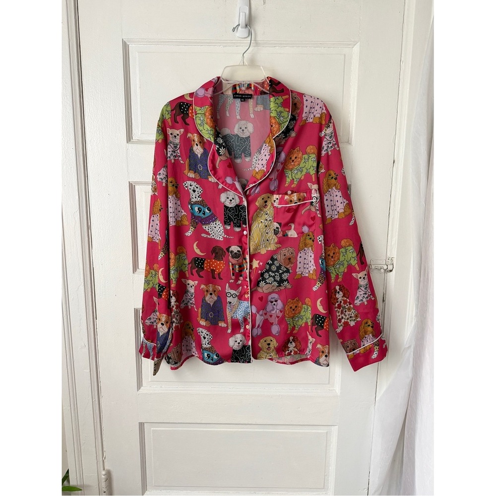 Karen Mabon Pink Dog Print Satin Long Sleeve Pajama Top Button Front XL - Picture 16 of 16